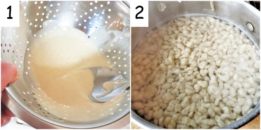 Two images showing how to press the spaetzle through a colander into boiling water.