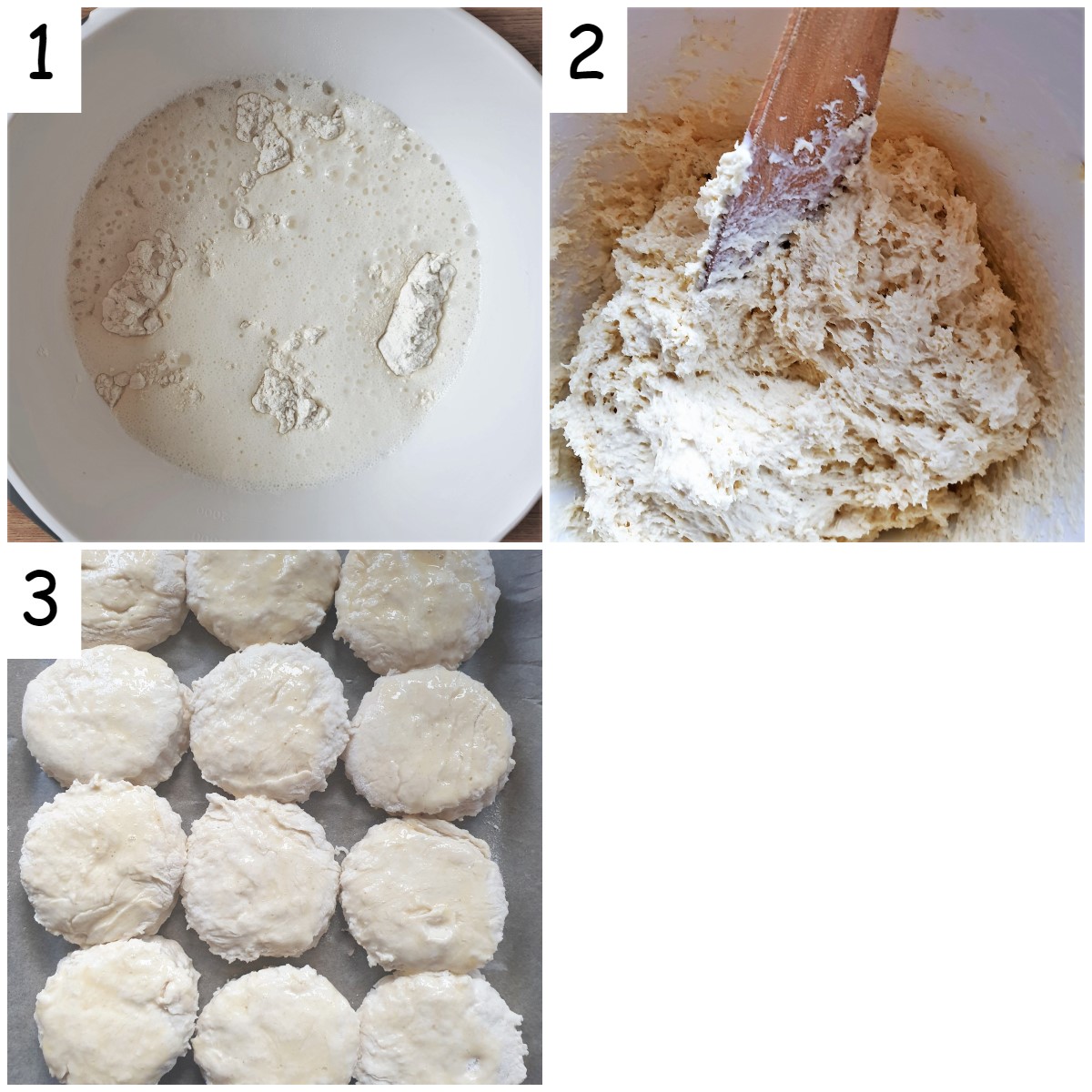 Collage of 3 images showing steps for mixing lemonade scones.