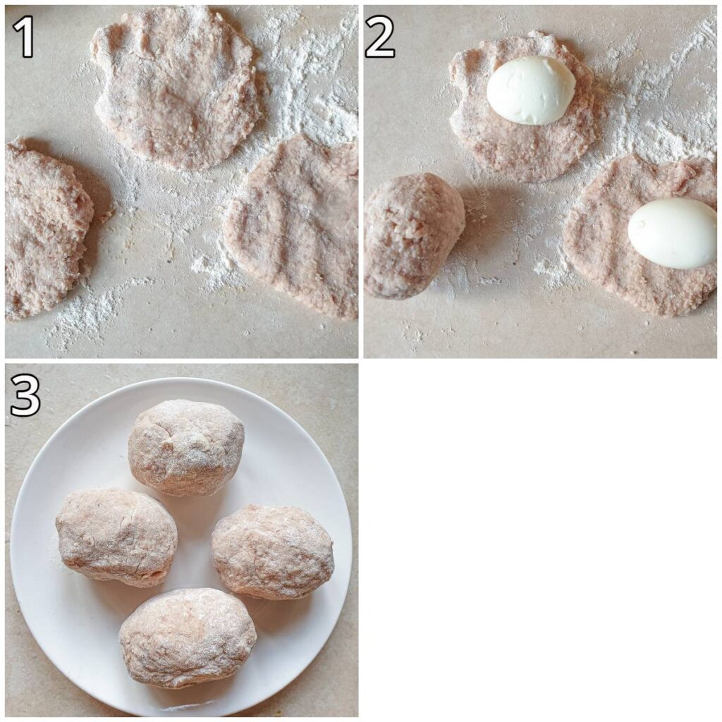 Steps for coating the eggs with pork sausage meat.