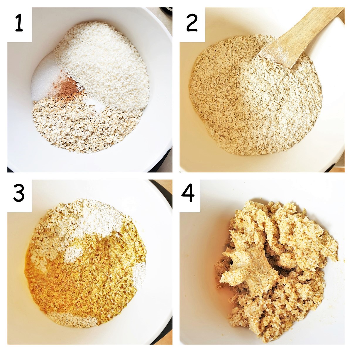 Collage of 4 images showing steps for mixing crunchies.