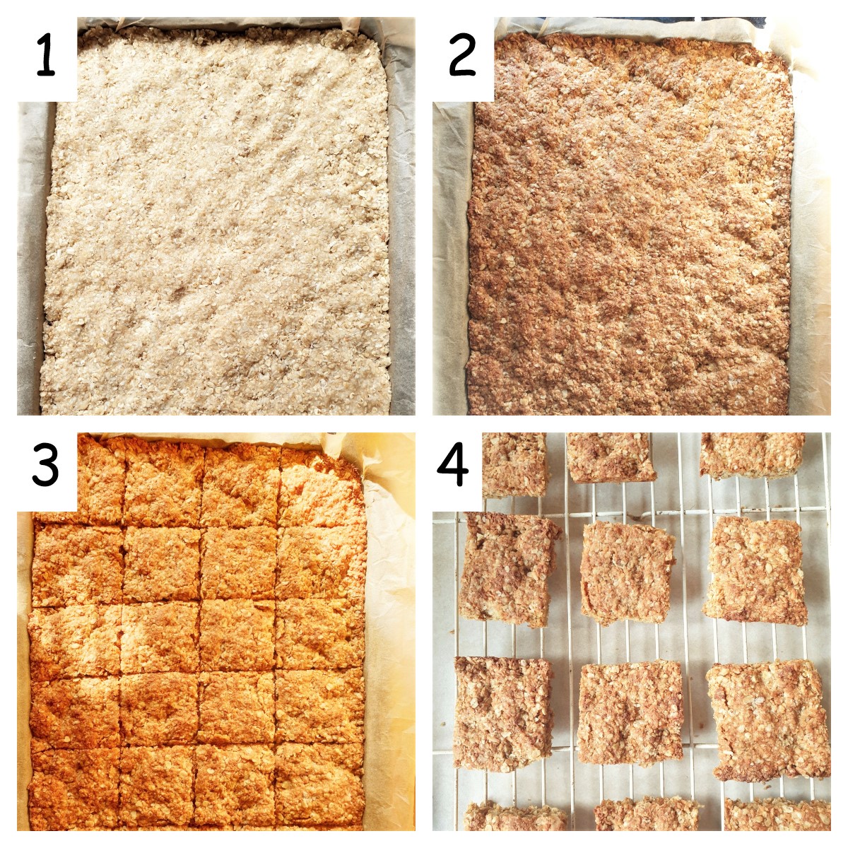 Collage of 4 images showing steps for baking crunchies.