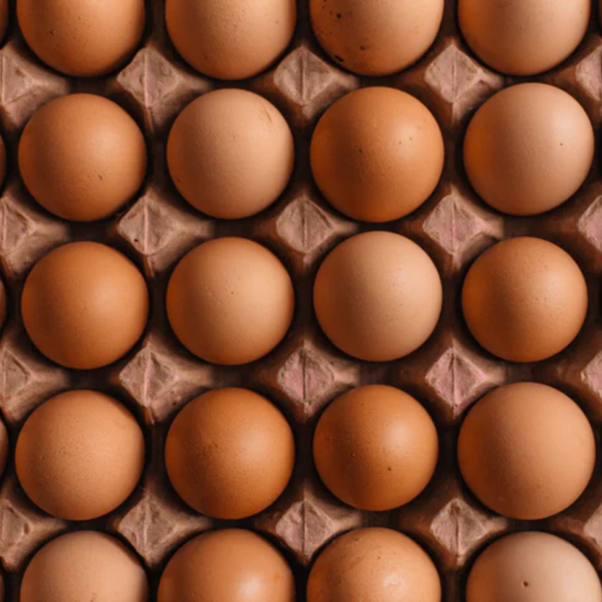 A tray of eggs in their shells.