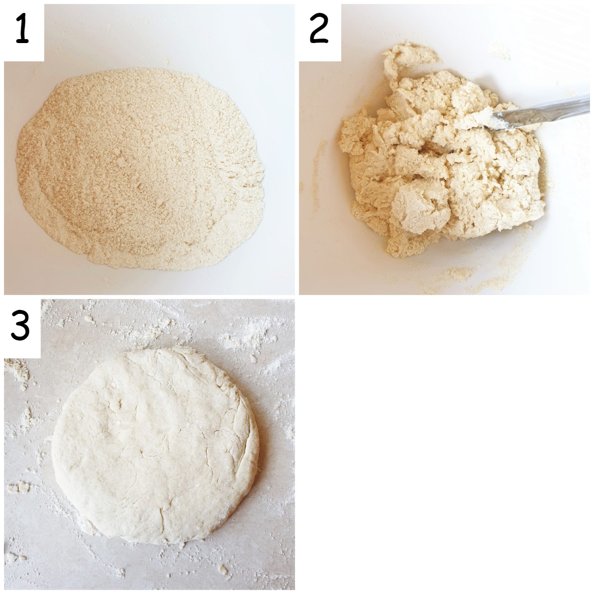 A collage of 3 images showing how to mix the scones.