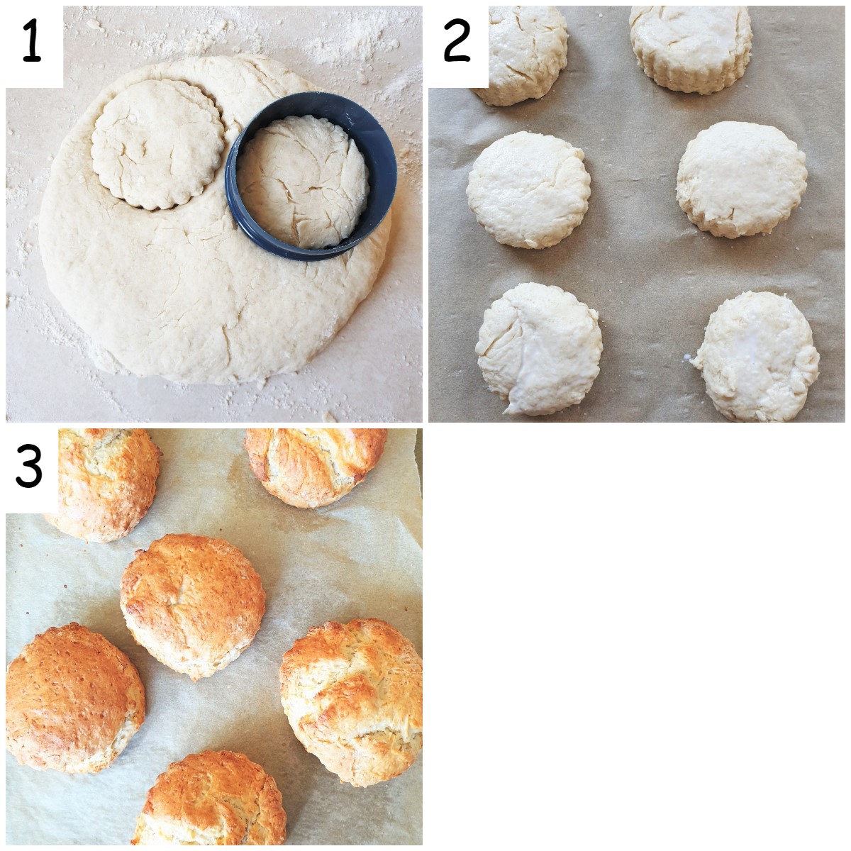 A collage of 3 images showing how to cut the scones and bake them.