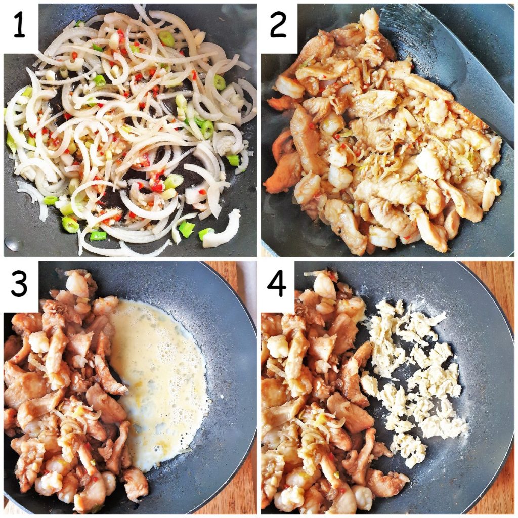 A collage of 4 images showing how to stirfry the vegetables, add the chicken and shrimp and scramble the egg.