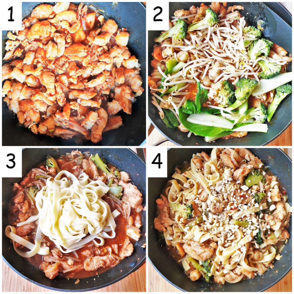 A collage of 4 images showing how to add the vegetables and noodles and complete the dish with a sprinkling of peanuts.