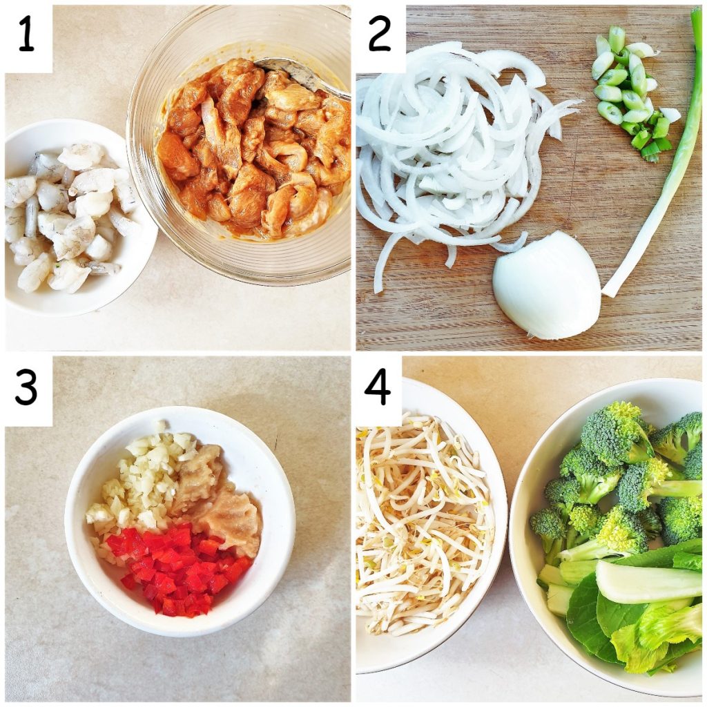 A collage of 4 images showing preparation steps for pad thai noodles.