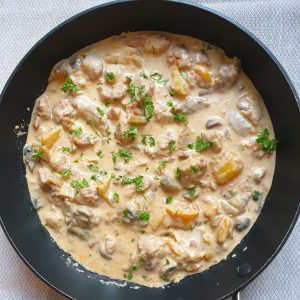 A bowl of paprika pork mixed with cream.