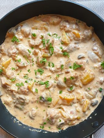 A bowl of paprika pork mixed with cream.