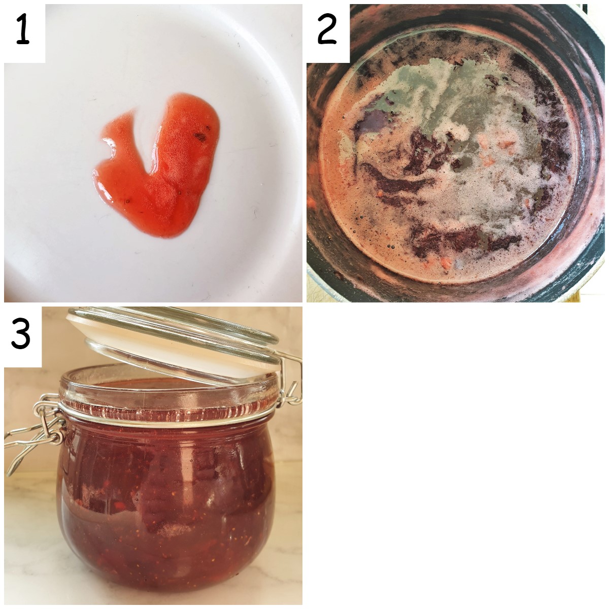 A collage of 3 images showing strawberry jam being boiled and tested for thickness.