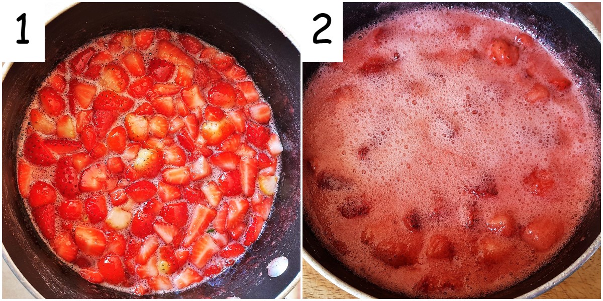 2 images showing strawberries boiling in a pan