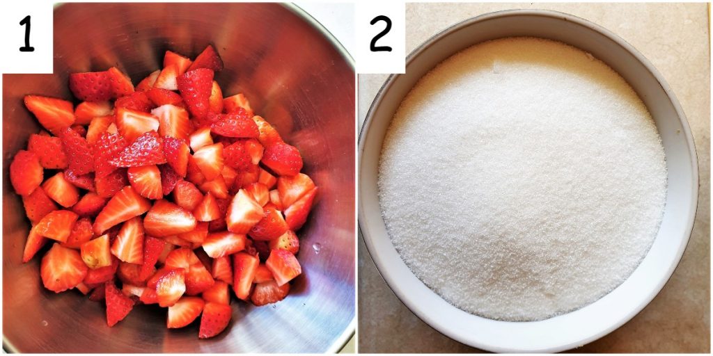 A bowl of chopped up strawberries and a dish of white sugar.