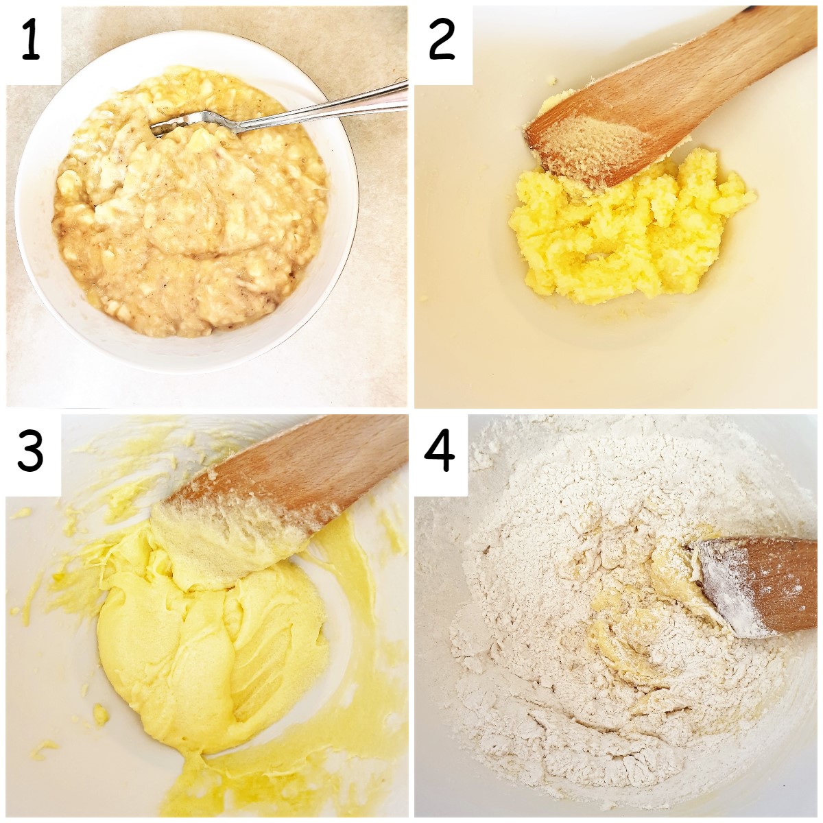 A collage of 6 images showing the steps for mixing banana walnut bread.