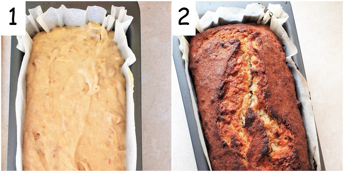 Two images showing the unbaked and the baked banana walnut loaf.