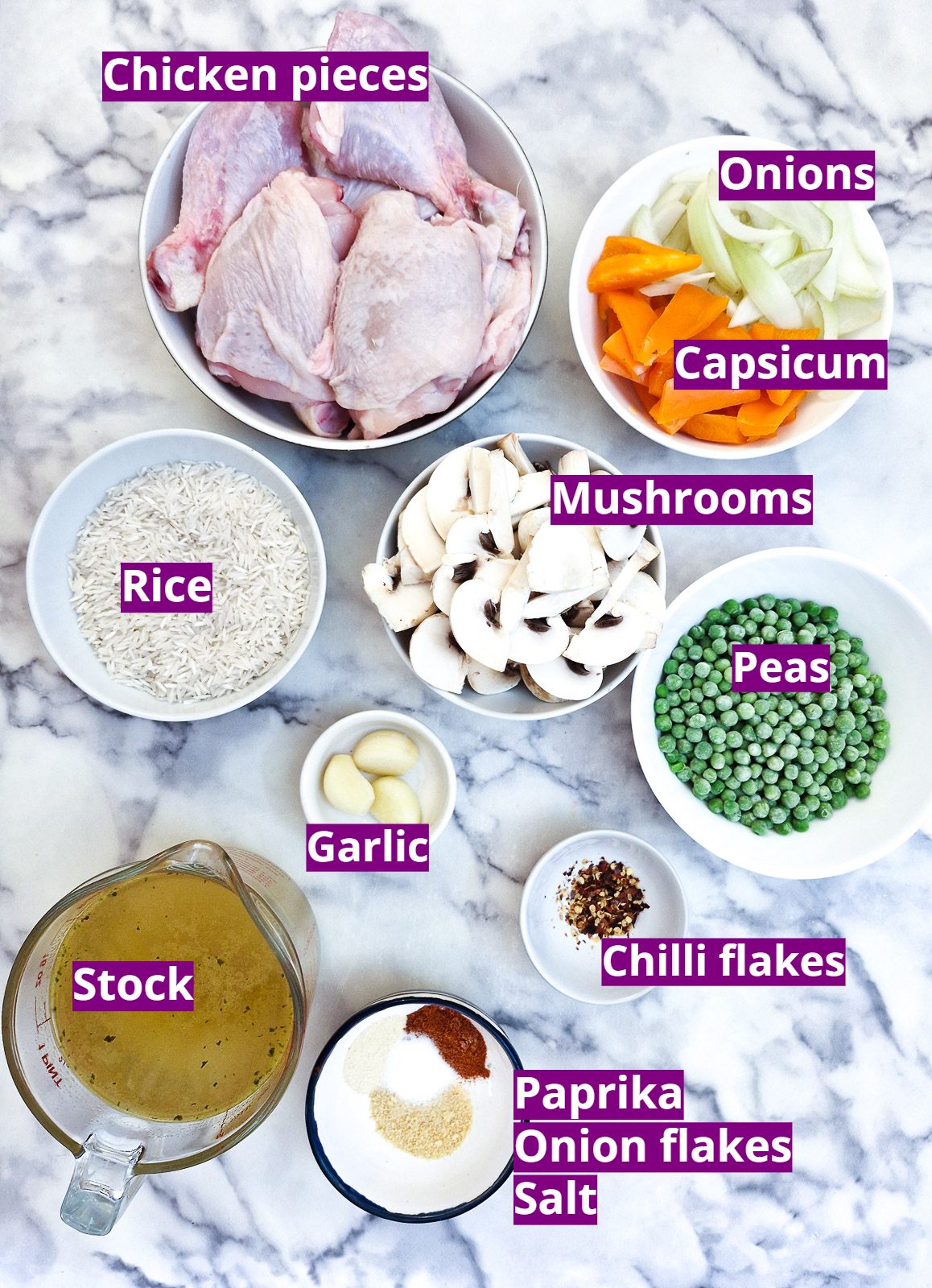 Ingredients you wil need to make a garlic chicken and rice oven-bake.
