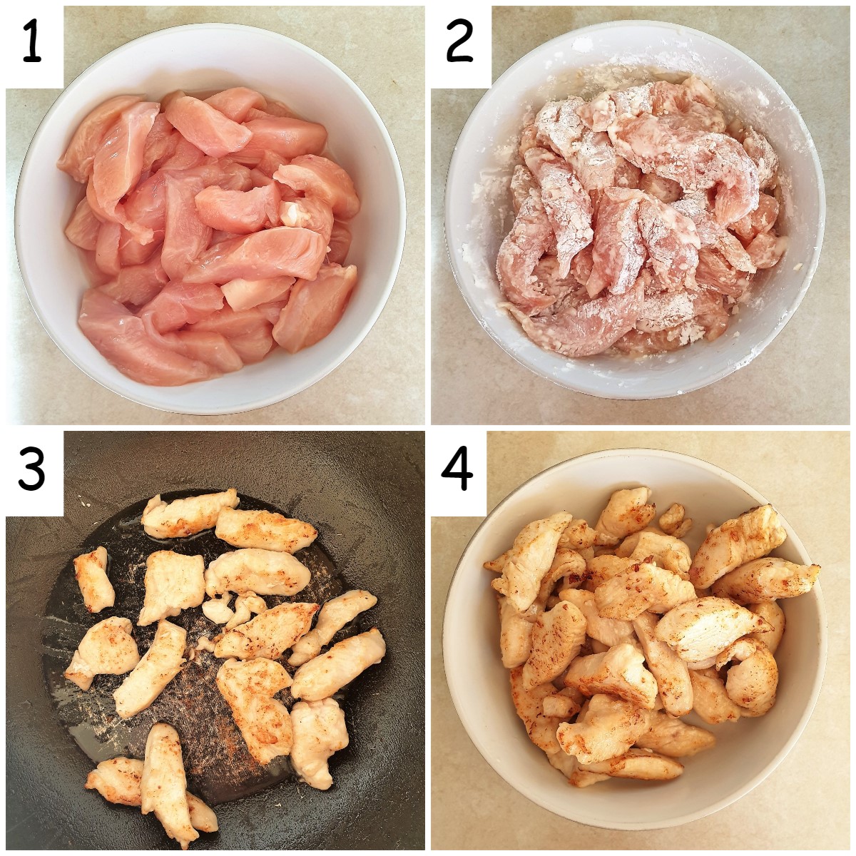 A collage of 4 images showing the chicken being coated with cornflour and being browned in a pan