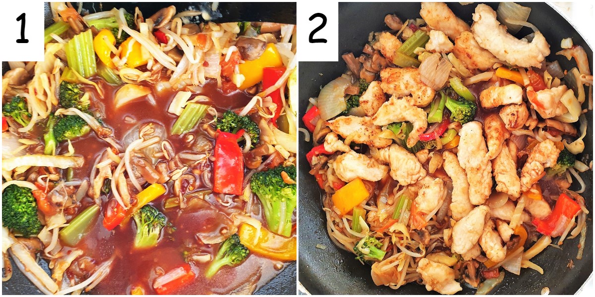 Two images showing the sauce being mixed in with the garlic chicken and vegetables.