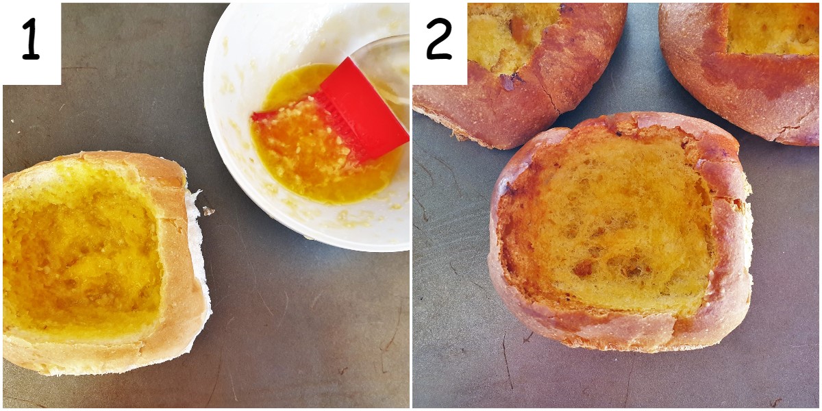 Two images showing how to paint the inside of a breadroll with garlic butter, and toast it in the oven.