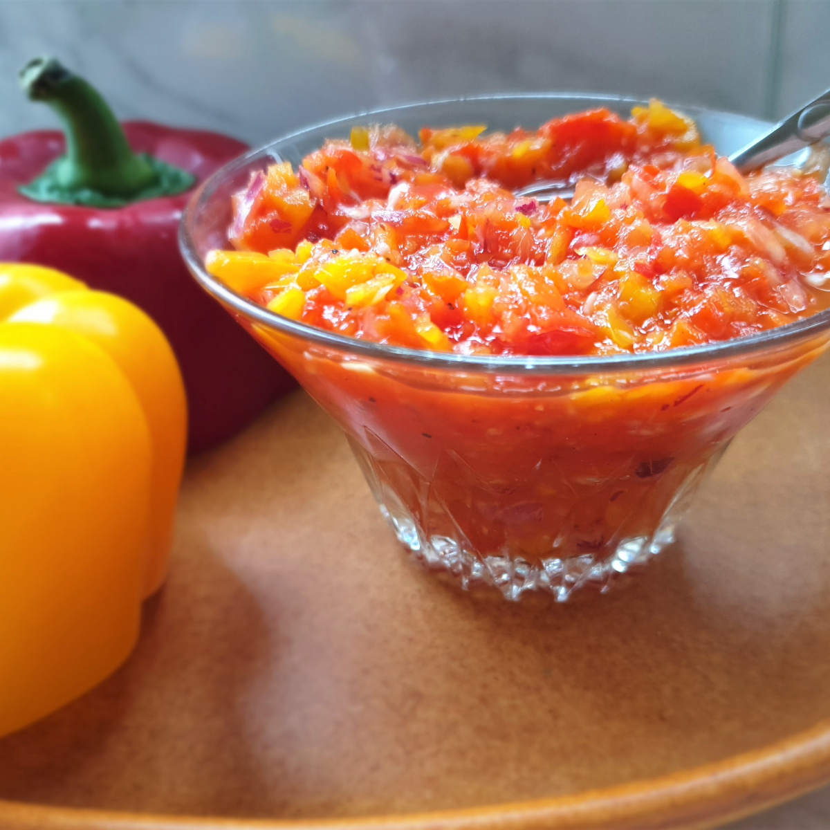 A dish of sweet pepper relish.