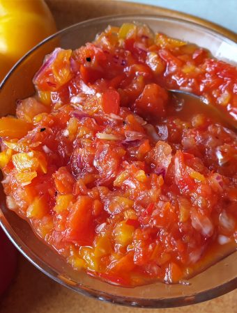 Overhead shot of a dish of sweet pepper relish.
