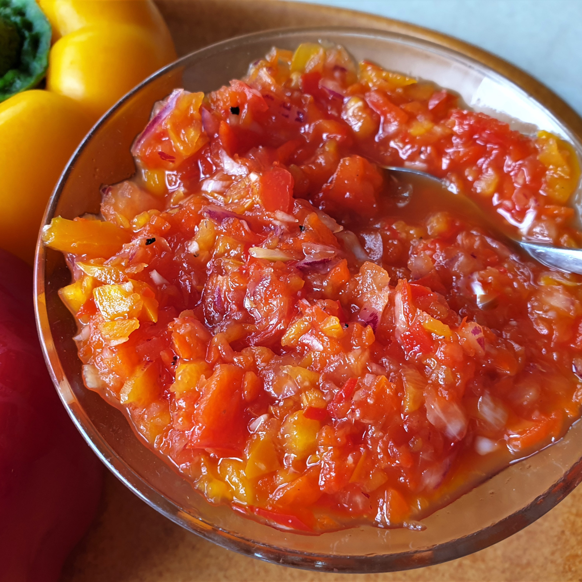 Overhead shot of a dish of sweet pepper relish.