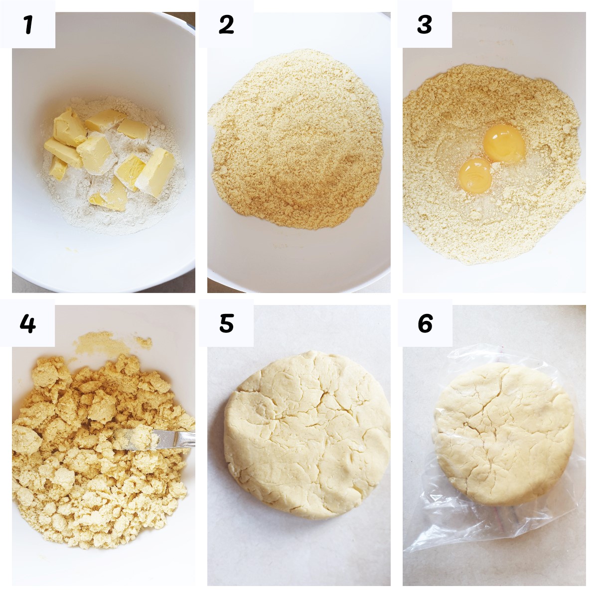 A collage of 6 images showing steps to make pastry.