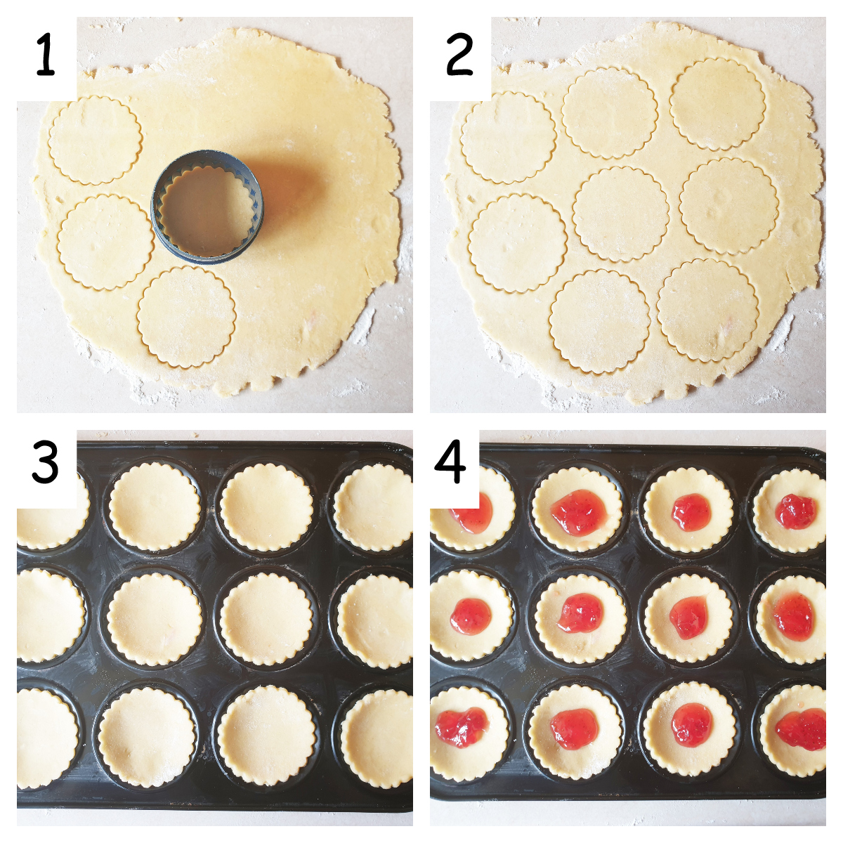 Collage showing how to line a jam tart tin with pastry.
