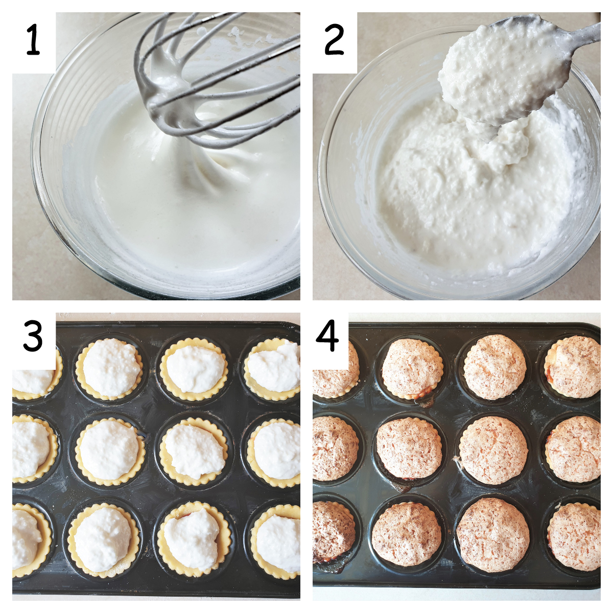 Collage showing how to cover jam tarts with meringue.