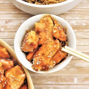 A dish of sesame chicken.