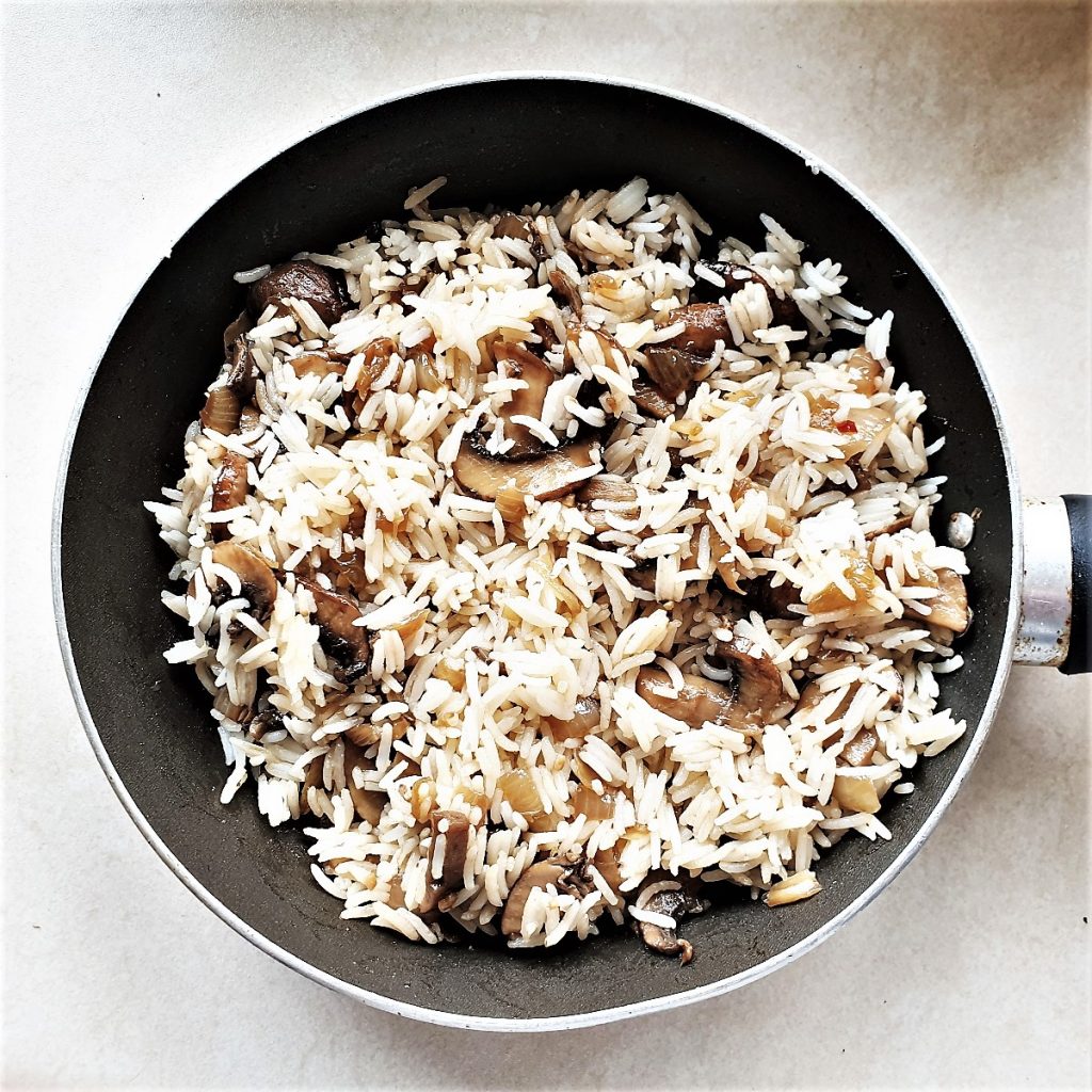 A pan of spicy mushroom fried rice.