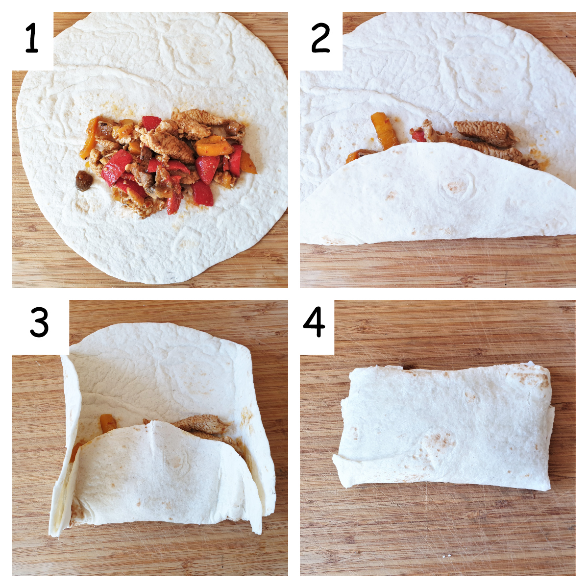 Collage showing steps for folding turkey fajitas.