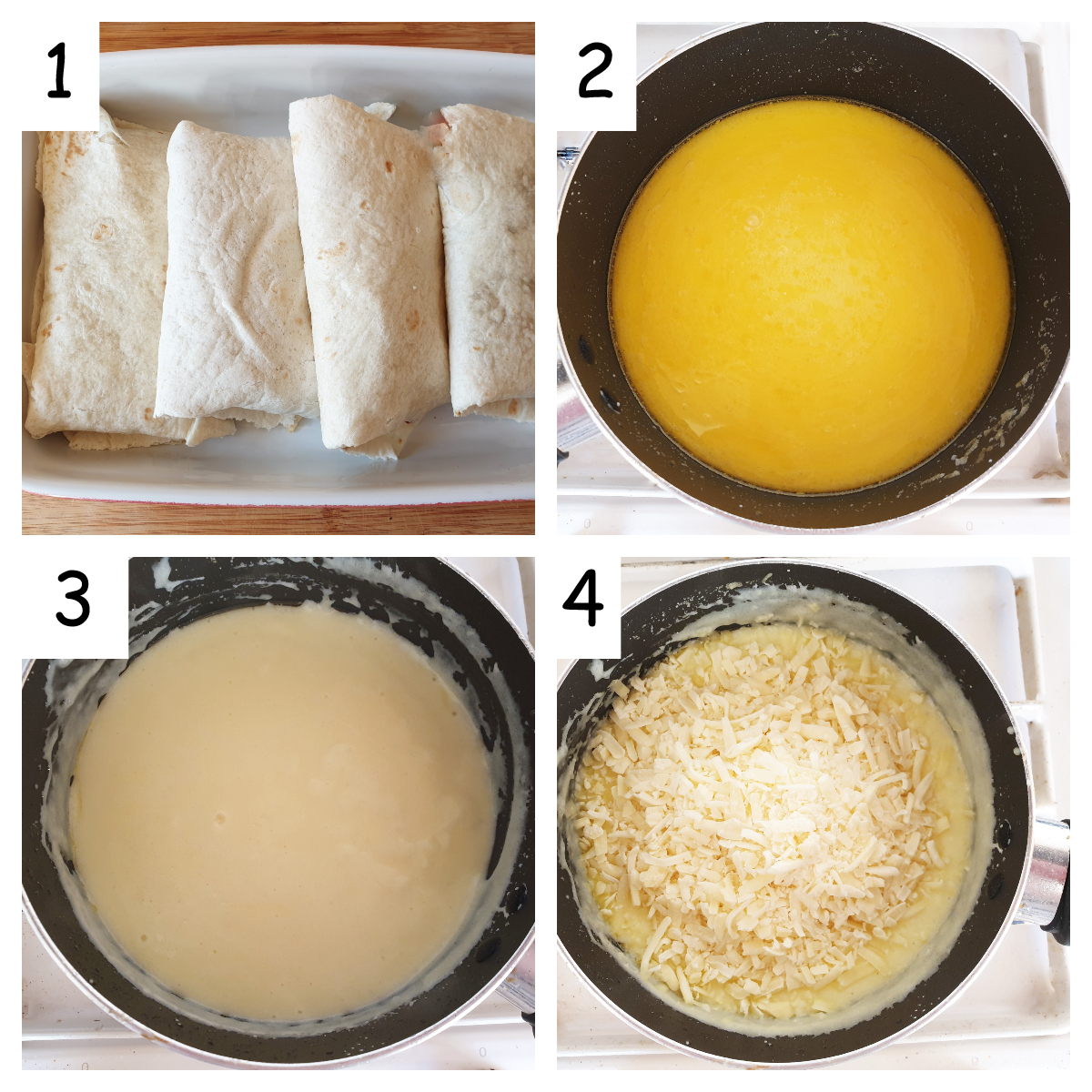 Collage showing steps for making cheese sauce.