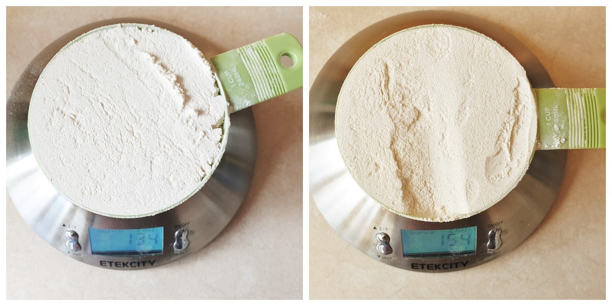 Two measuring cups filled with flour, showing the difference in weight depending on how tightly packed the flour is in the cup.
