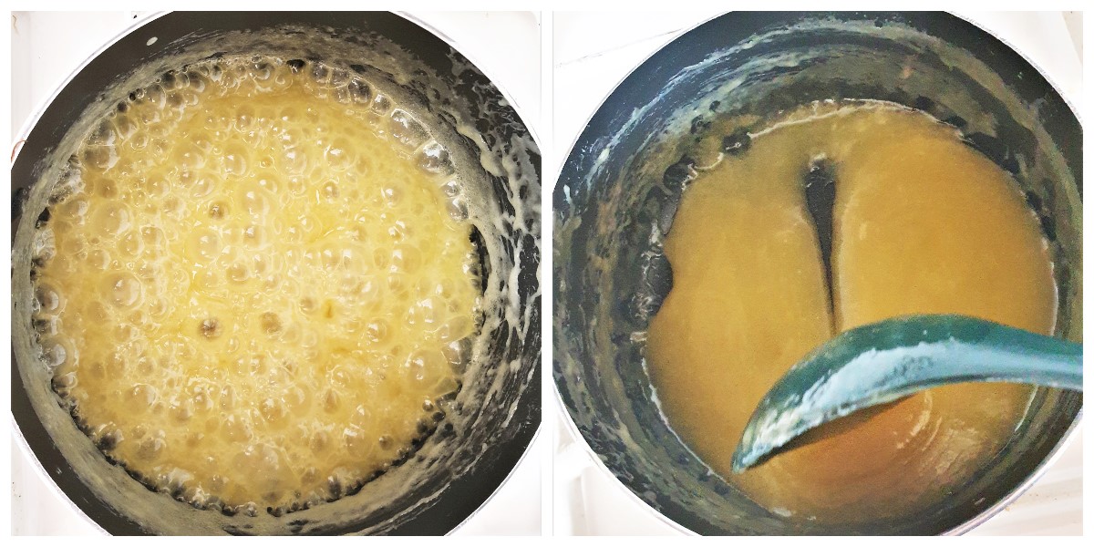 Two images, one showing the caramel sauce being boiled, and the other showing the consistency of the sauce.