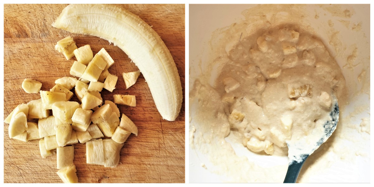 Two images showing a chopped banana, and the chopped banana being mixed into a bowl of batter.