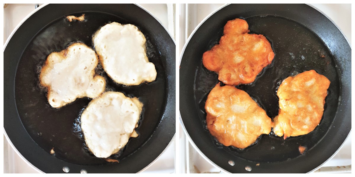 Two images showing banana fritters being fried.