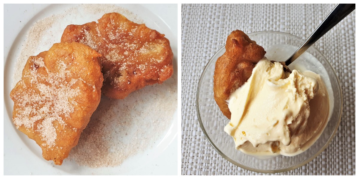 Two images one showing fritters covered with cinnamon sugar, the other showing a fritter in a bowl with icecream.