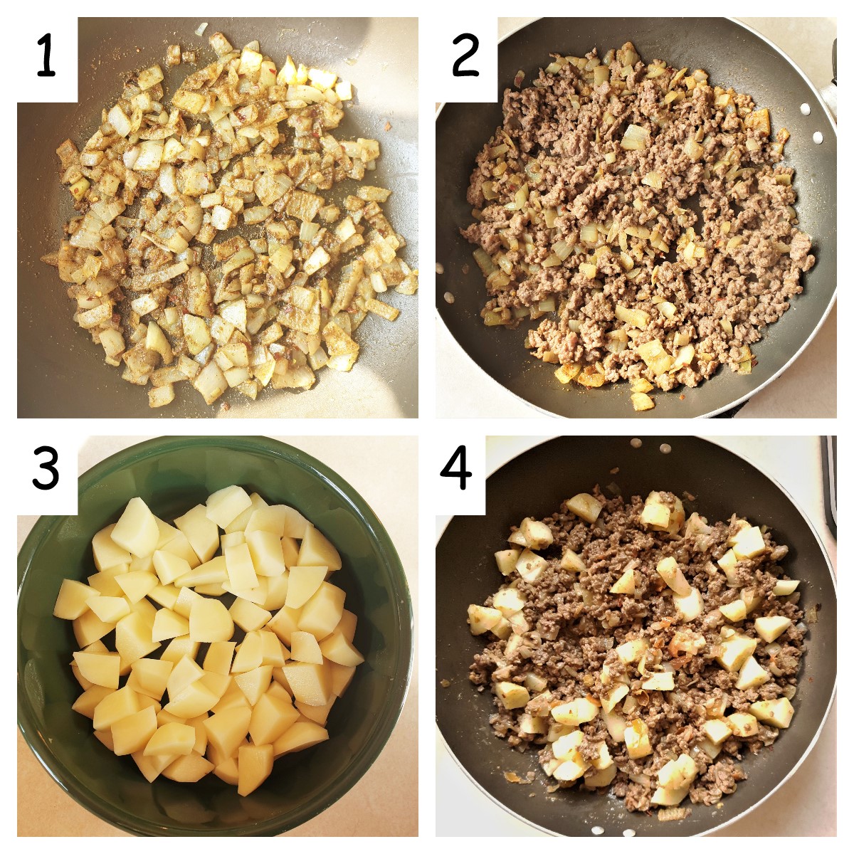 Collage of 4 images showing how to make the filling for beef samosas.