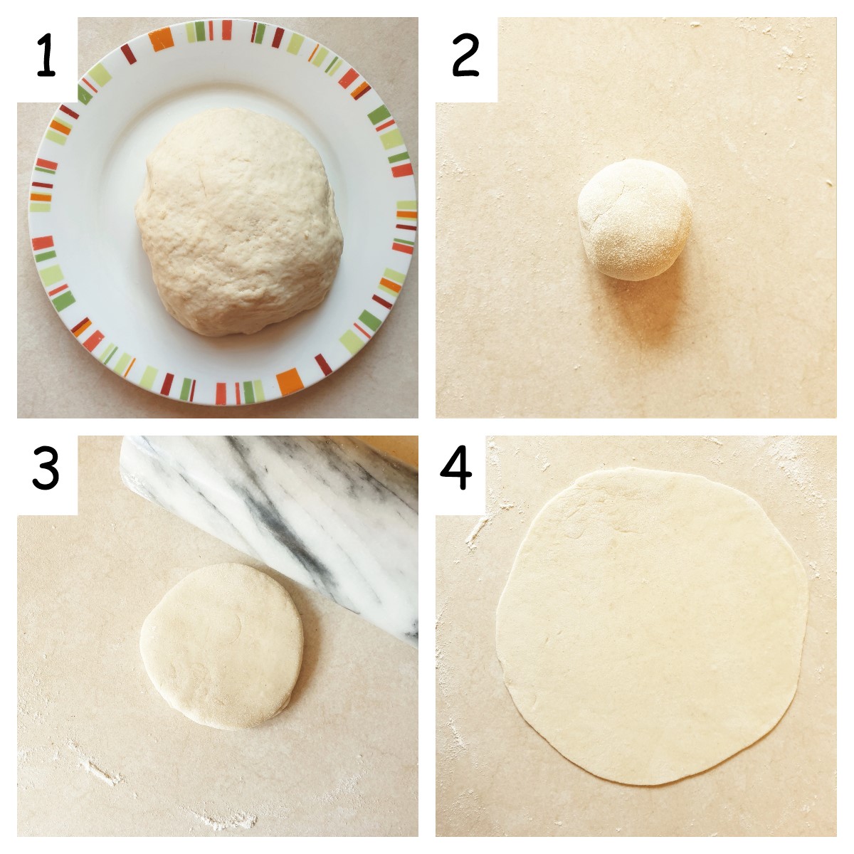 Collage of 4 images showing how to roll pastry for beef samosas.