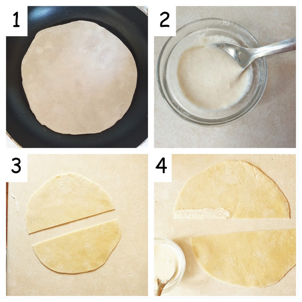 Collage of 4 images showing how to prepare the pastry for beef samosas.