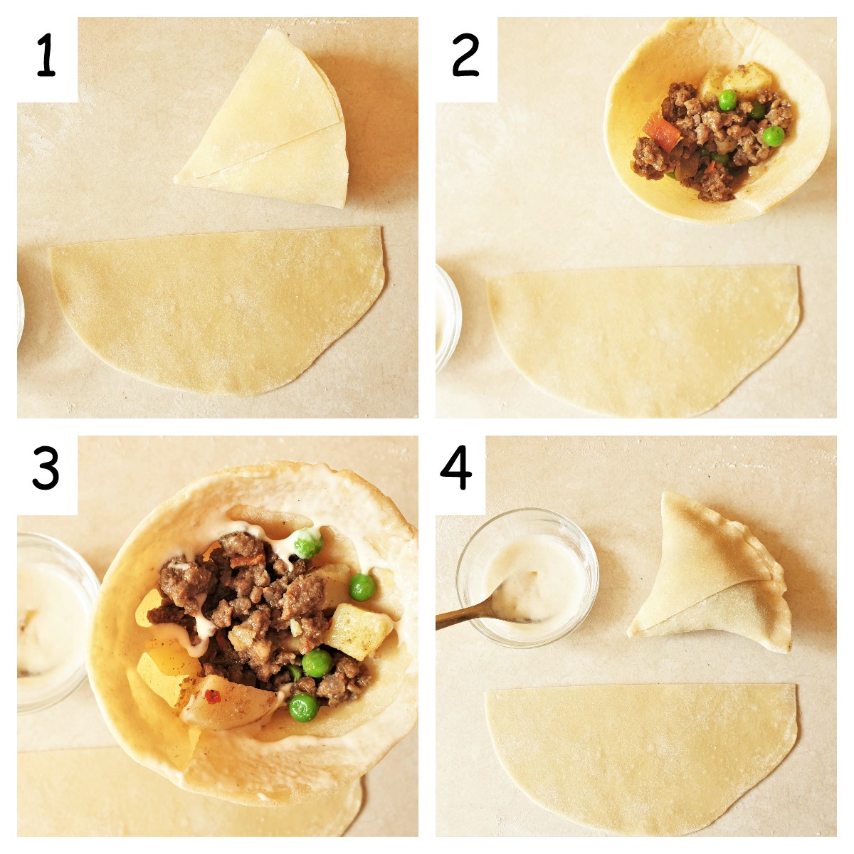 Collage of 4 images showing how to fold and fill beef samosas.