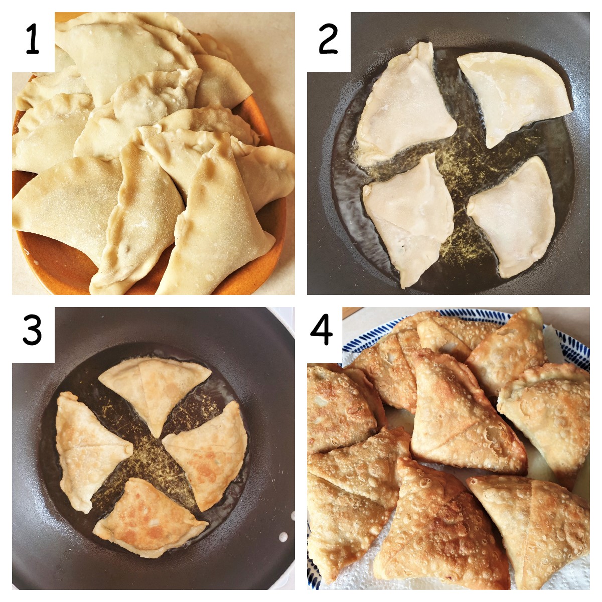 Collage of 4 images showing how to fry beef samosas.