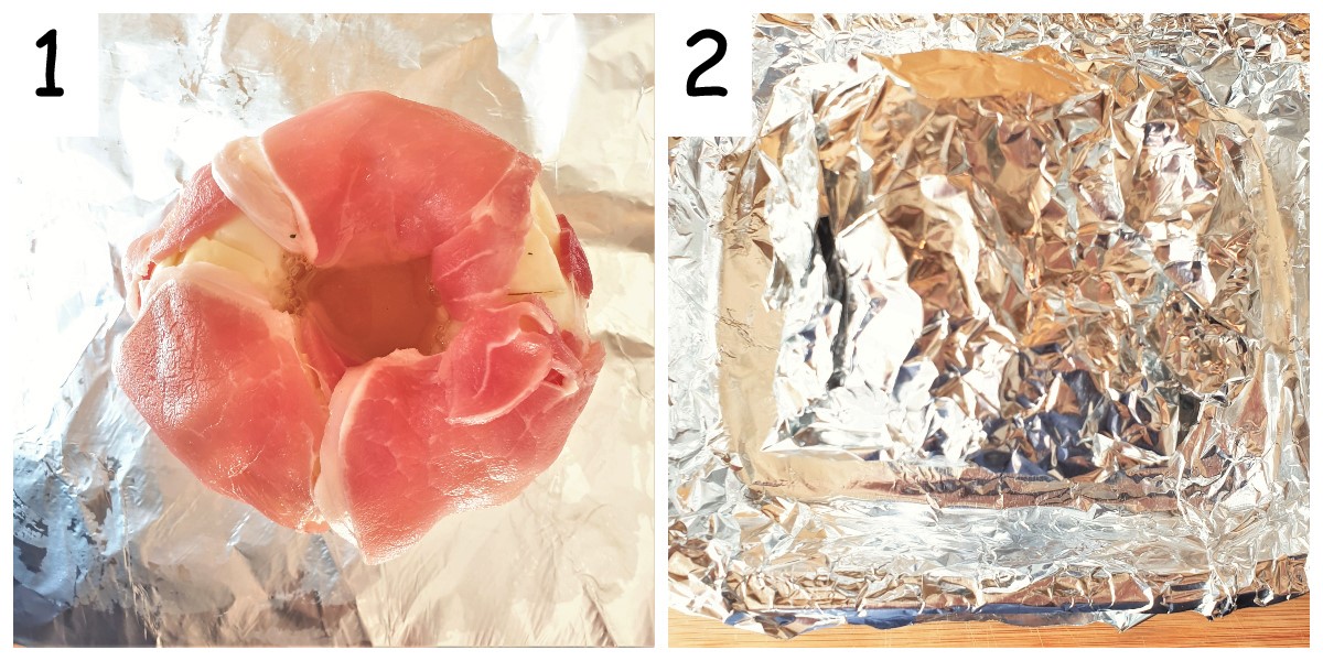 Collage showing a head of cabbage wrapped in bacon and filled with chicken stock, wrapped in tinfoil.