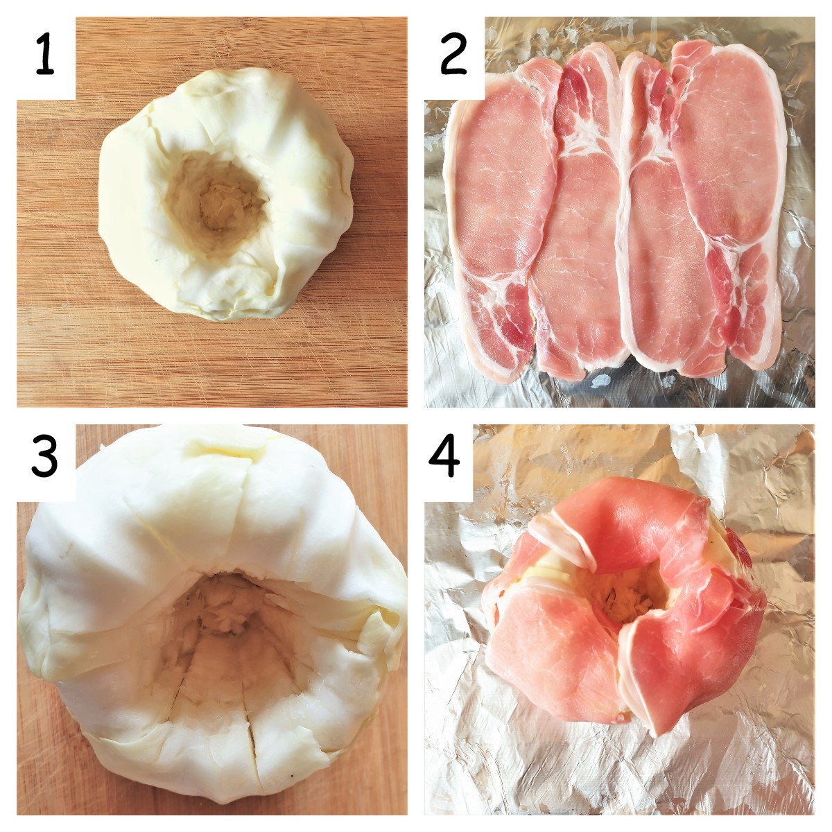 Collage of 4 images showing how to remove the core from the cabbage and wrap the cabbage in bacon.