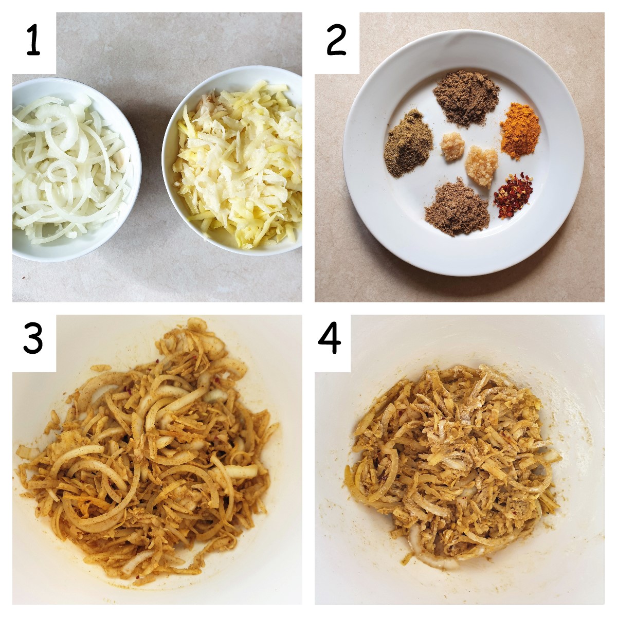 Collage of 4 pictures showing steps for mixing potato and onion bhajis.