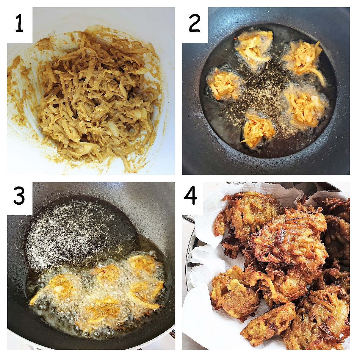 Collage of 4 pictures showing steps for frying potato and onion bhajis.