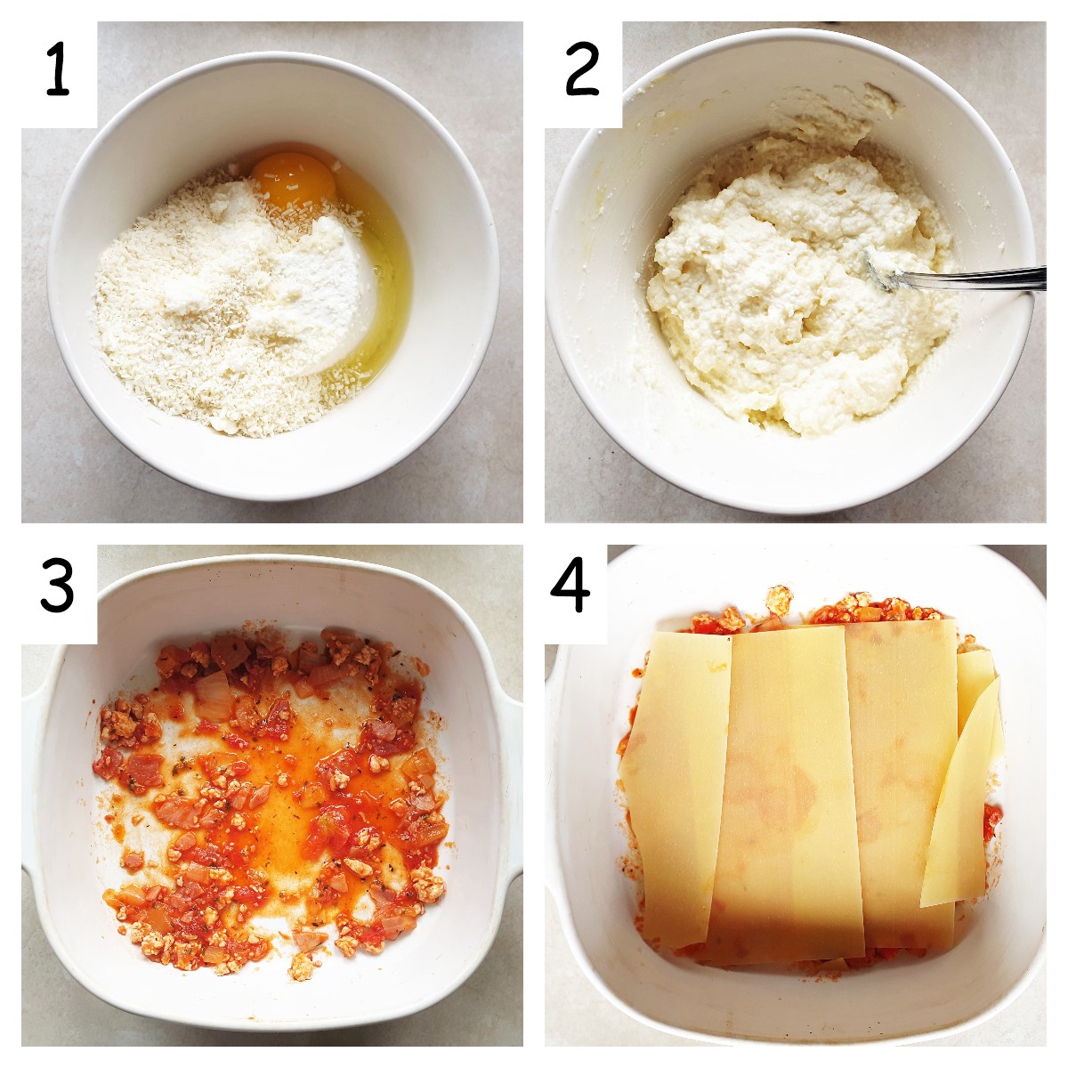 A collage of 4 images showing how to mix cheese spread and place first layer of lasagne in a dish.