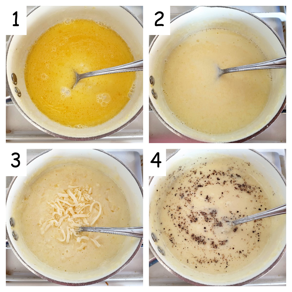 A collage of 4 images showing the steps for making the cheese sauce.