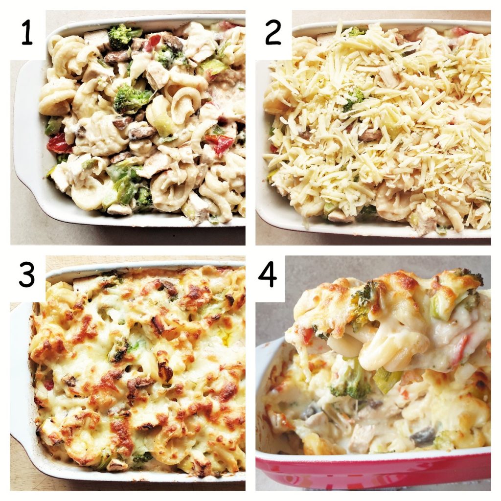 A collage of 4 images showing the unbaked pasta bake in a dish covered with cheese, and also showing the cooked pasta dish.