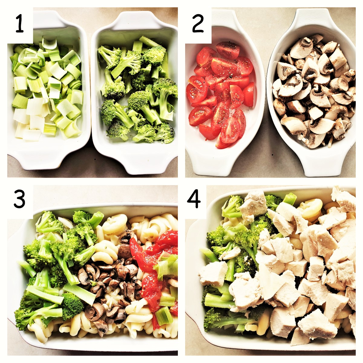 A collage of 4 images showing how to prepare the vegetables and layer them in a baking dish with the pasta.